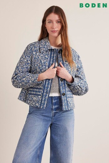 Boden Blue Cotton Linen Printed Quilted Jacket (D97095) | £120