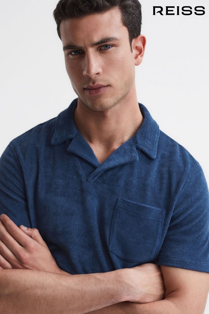 Reiss Royal Blue Caicos Towelling Cuban Collar Polo Shirt (D97836) | £68