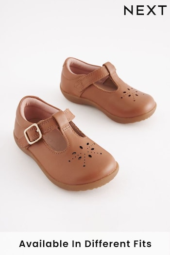 Tan Brown Leather Wide Fit (G) First Walker T-Bar strappy Shoes (D98229) | £26