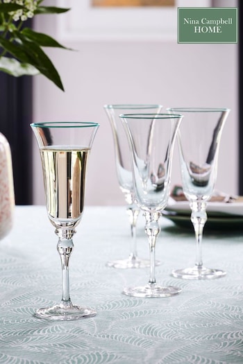 Nina Campbell Set of 4 Green Rim Meadow Champagne Flute Glasses (D99665) | £30