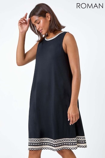 Roman Black Embroidered Trim Stretch Jersey Shift Dress cotton (E00054) | £38