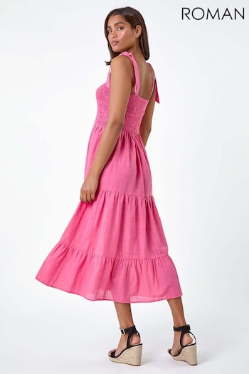 Roman Pink Shirred Tie Detail Tiered Midi Dress (E00060) | £38