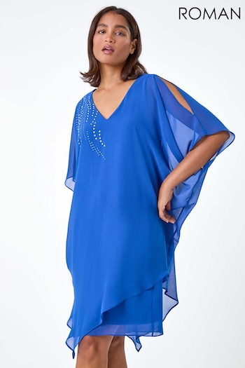 Roman Blue Embellished Cold Shoulder Overlay Dress (E00062) | £55