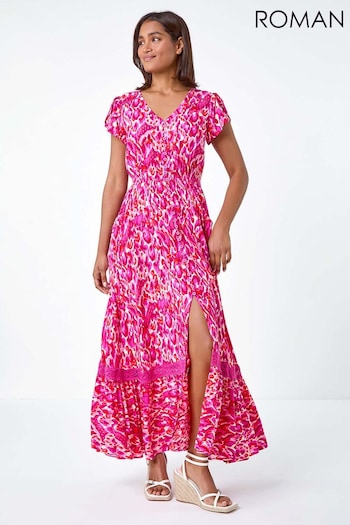 Roman Pink Abstract Print Shirred Waist Maxi Dress (E00064) | £48