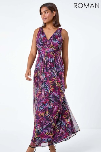 Roman Purple Palm Print Mesh Overlay Maxi Dress (E00065) | £58
