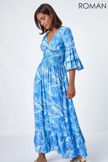 Roman Blue Abstract Ruffle Detail Shirred Maxi Dress (E00067) | £45