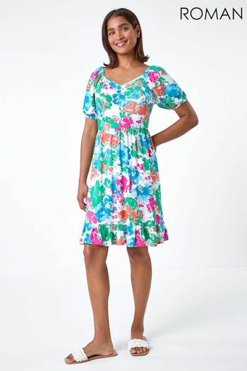 Roman Blue Abstract Floral Ruched Frill Stretch Dress (E00068) | £38