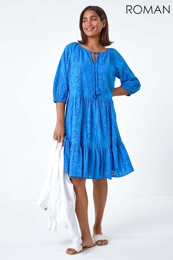 Roman Blue Cotton Broderie Tiered Smock Dress Asymmetric (E00074) | £40