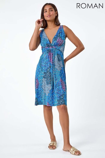 Roman Blue Abstract Floral Stretch Jersey Dress (E00078) | £36