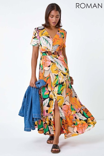 Roman Orange Tropical Print Frilled Hem Maxi Dress (E00080) | £48