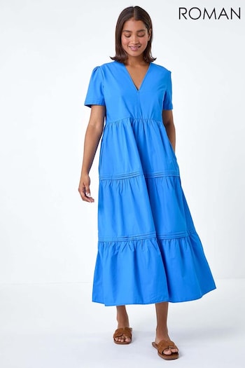 Roman Blue Plain Cotton Tiered Maxi Dress (E00081) | £40