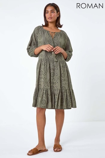 Roman Green Cotton Broderie Tiered Smock Dress (E00084) | £40