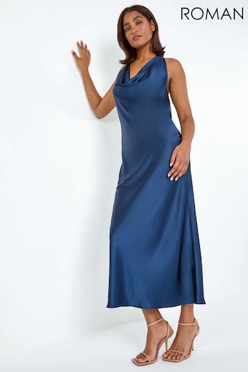 Roman Blue Floral Print Satin Bias Cut Dress (E00096) | £45