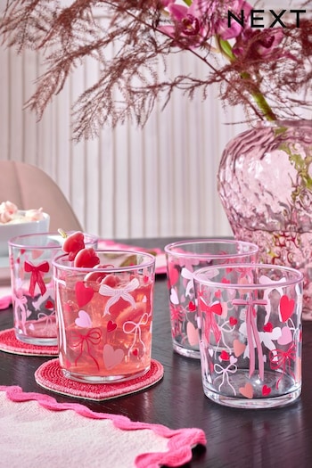 Set of 4 Pink Heart and Bow Tumbler Glasses (E00097) | £16