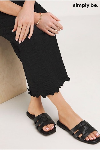 Simply Be Woven Flat Black external Sandals In Extra Wide (E00167) | £19