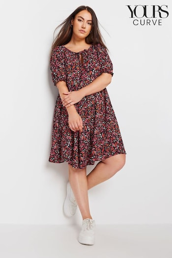 Yours Curve Black Ditsy Floral Print Textured Dress (E00299) | £31
