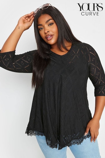 Yours Curve Black Broderie Pleated Front Top (E00454) | £24