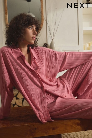 Pink Plisse Button Through Pyjamas (E00528) | £39