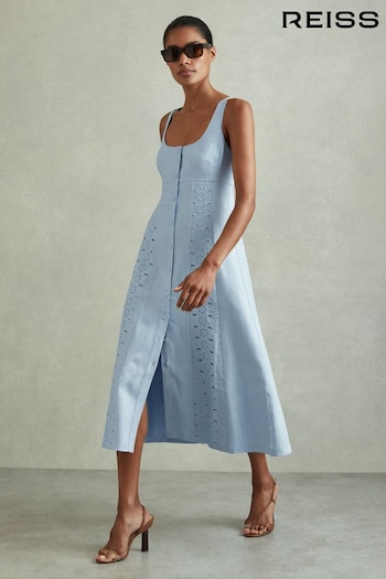Reiss Blue Clarice Linen Broderie Midi Dress Temps (E00683) | £198