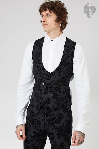 Twisted Tailor Black Skinny Fit Fleet Floral Tuxedo Waiscoat (E01256) | £65