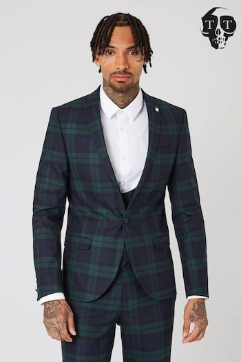 Twisted Tailor Green Skinny Fit Ginger Wool Tartan Jacket (E01259) | £150