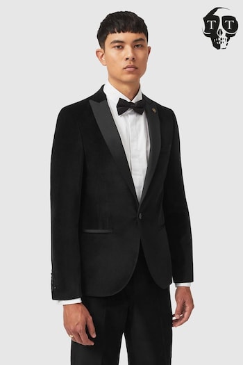 Twisted Tailor Black Skinny Fit Sylvester Velvet Tuxedo Jacket (E01260) | £140