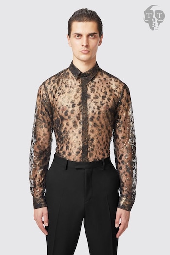 Twisted Tailor Black Slim Fit Bettles Printed Lace Shirt (E01265) | £65