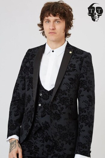 Twisted Tailor Black Skinny Fit Fleet Floral Tuxedo Jacket (E01270) | £140