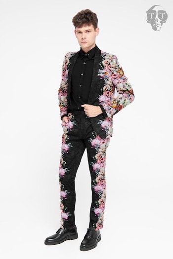 Twisted Tailor Black Skinny Fit Ikeda Cotton Floral Jacket (E01271) | £150