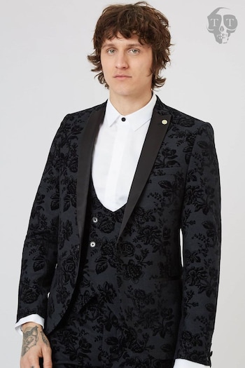 Twisted Tailor Black Skinny Fit Fleet Floral Tuxedo Jacket (E01272) | £140