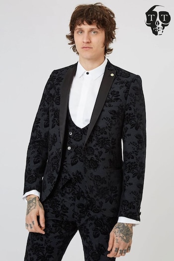 Twisted Tailor Black Skinny Fit Fleet Floral Tuxedo Jacket (E01273) | £140