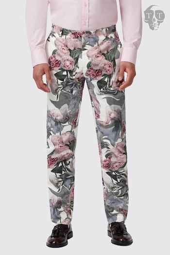 Twisted Tailor White Skinny Fit Dali Cotton Floral Trousers (E01345) | £70