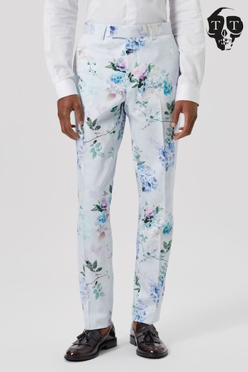 Twisted Tailor Blue Skinny Fit Pickhurst Floral Cotton Trousers (E01350) | £70