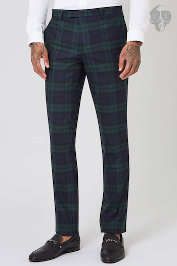 Twisted Tailor Green Skinny Fit Ginger Wool Tartan Trousers (E01351) | £70