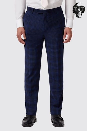 Twisted Tailor Blue Slim Fit Barlow Wool Check Trousers (E01353) | £70