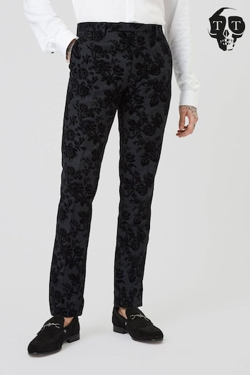 Twisted Tailor Black Skinny Fit Fleet Floral Tuxedo Trousers (E01354) | £70