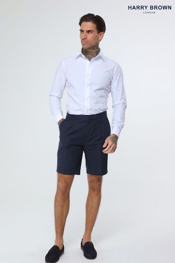 Harry Brown Blue Decorate Cotton Linen Blend Modern Shorts (E01372) | £69