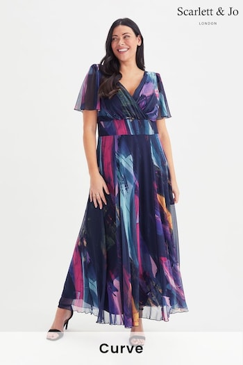 Scarlett & Jo Navy Blue & Purple Multi Brush Stroke Isabelle Angel Sleeve Maxi Dress (E01377) | £95