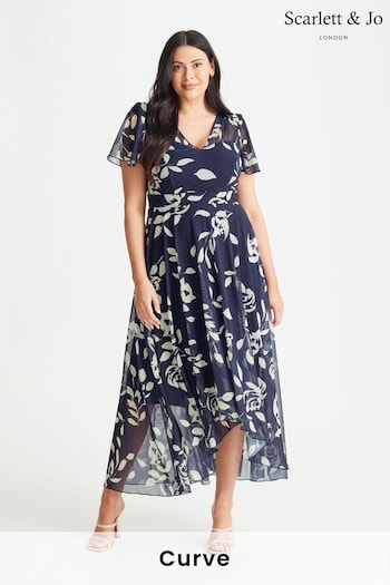 Scarlett & Jo Navy Blue Tilly Print Angel Sleeve Sweetheart Dress (E01386) | £90
