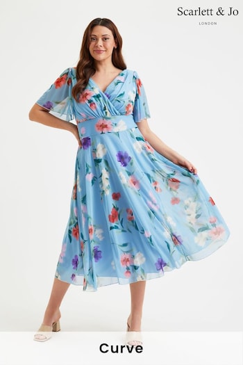 Scarlett & Jo Blue Victoria Angel Sleeve Mesh Midi long Dress (E01443) | £85