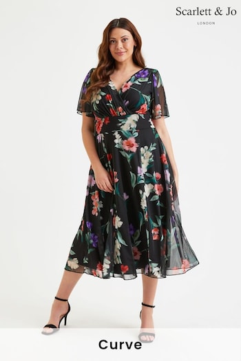 Scarlett & Jo Black & Pink Multi Floral Victoria Angel Sleeve Mesh Midi Dress (E01446) | £85