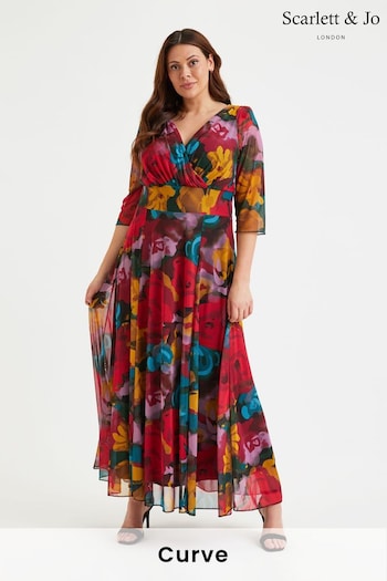 Scarlett & Jo Red Multi Floral Verity 3/4 Sleeve Maxi Gown (E01449) | £95