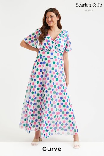 Scarlett & Jo Pink Purple & Green Polka Dot Isabelle Angel Sleeve Maxi Dress (E01450) | £95