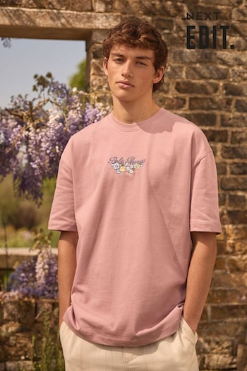 Pink EDIT Heavyweight Relaxed Floral Embroidery Graphic T-Shirt (E01525) | £20