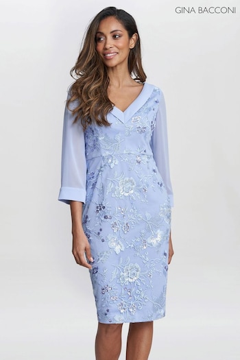Gina Corded Bacconi Blue Daisy Crepe Dress With Embroidery (E01628) | £320