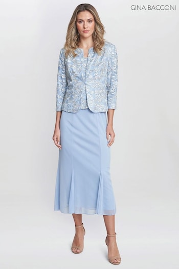 Gina Bacconi Blue Joyce Midi Dress With Embroidered Lace (E01629) | £350