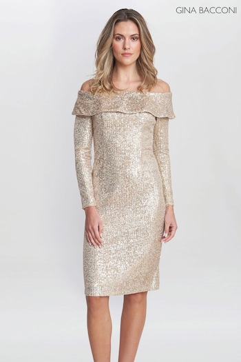 Gina Bacconi Natural Anthea Off The Shoulder Sequin Dress (E01630) | £299