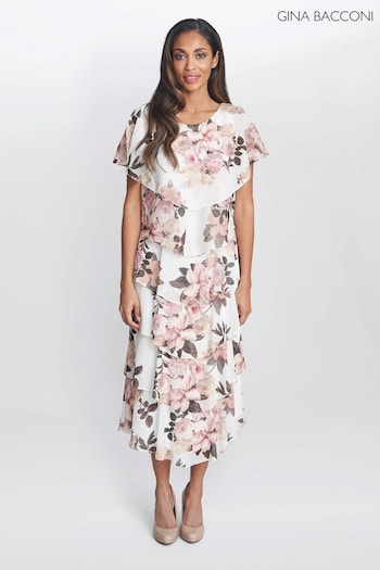 Gina Penny Bacconi Alice Midi Printed Tiered White Dress With Shoulder Embellishment (E01634) | £260