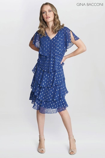 Gina mezza Bacconi Blue Juliette Foil Print Tier Dress (E01638) | £220