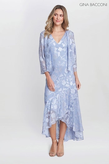 Gina Bacconi Blue Barbara Midi Dress With Cascade Jacket (E01642) | £350